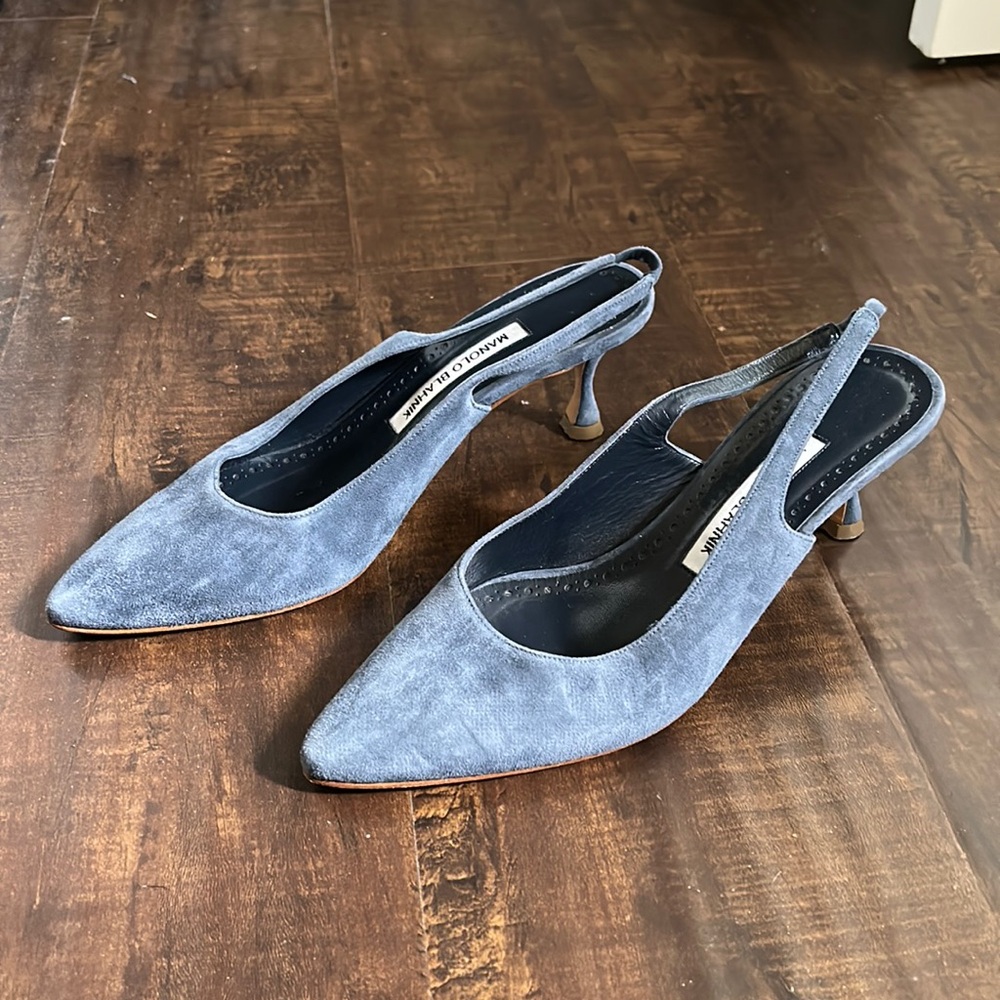 Blue Suede Manolo Blahnik Slingback Pumps